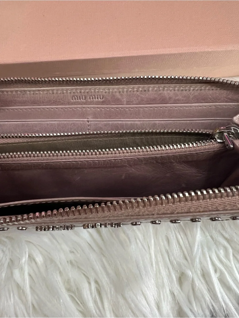 Miu Miu Pink Studded Leather Zip Wallet with Heart Charm